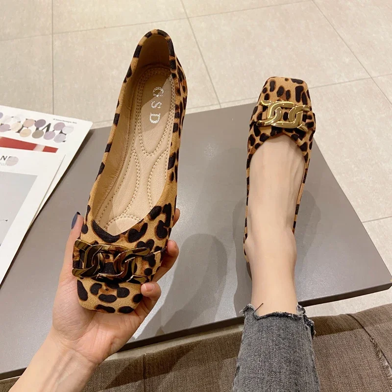 Women\'s Shoes Metal Buckle Flat Leopard Print Shallow Mouth Square Head Loafers Soft Soled Ballet Shoes Large Single Shoes