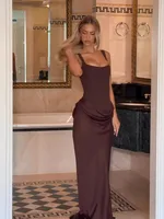 BROWN Pleated Sling MAXI Dress Women Square Neck Sleeveless Off-shoulder Waist Cinching Slim ROBE Fashion Evening Party Gowns - Image 2