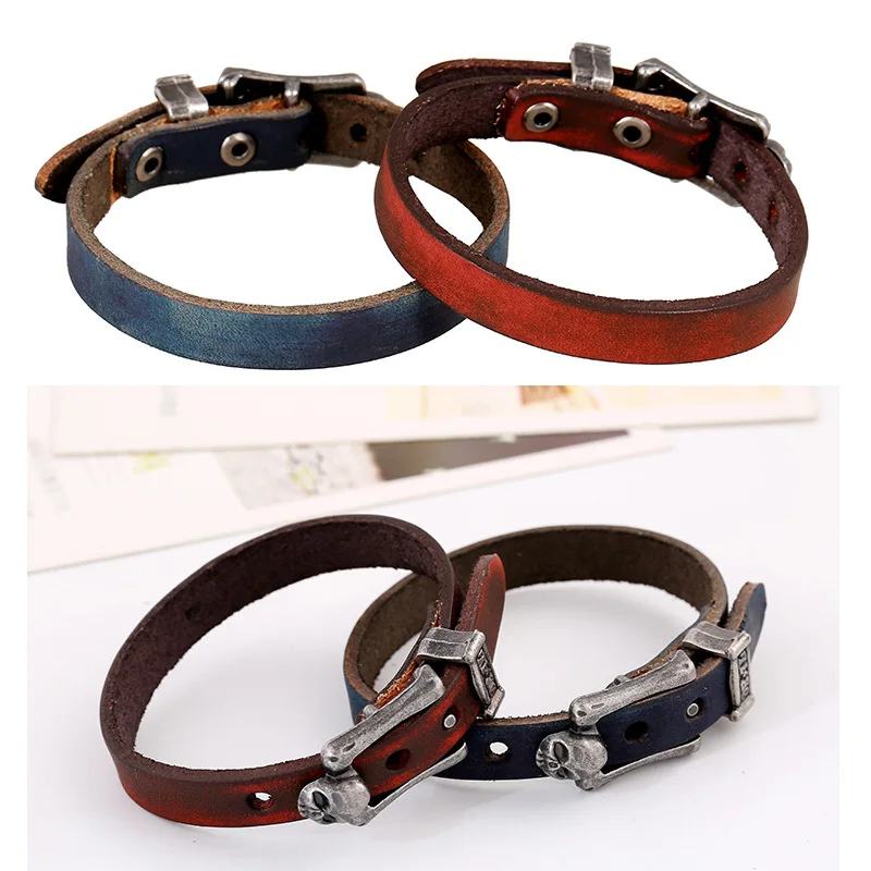 Retro Distressed Gradient Leather Wristband Skull Metal Buckle Adjustable Unisex Punk Rock Daily Wear Leather Bracelet Jewelry