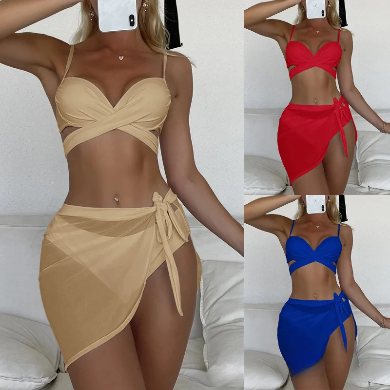 

Sexy Solid Swimsuit Women's Split Three-piece Set Steel Strap V-neck Swimwear Ssummer Swimdress Bathing Suit for Swimming