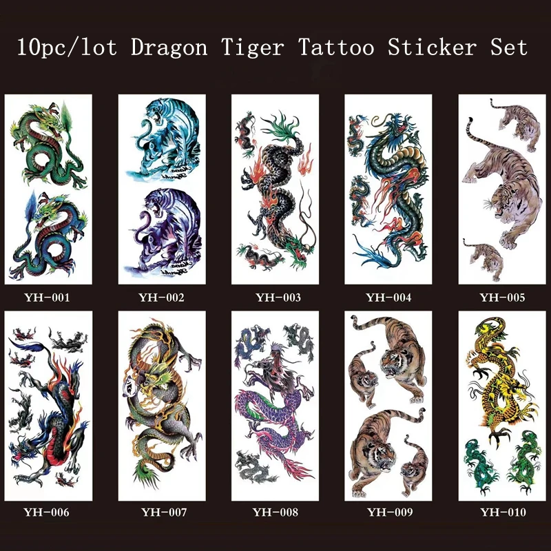 

New 10pc/Lot Dragon Tiger Tattoo Stickers Set Men Tatuaje Temporal Faux Tatouage Tatouages Et Art Corporel Adesivos Water Proof
