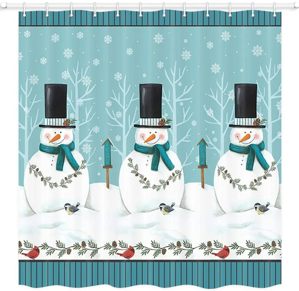 Christmas Snowman Shower Curtain Cardinals Snowflakes Pine Branch Winter Holiday Blue Bathroom Bath Curtains Set with Hooks