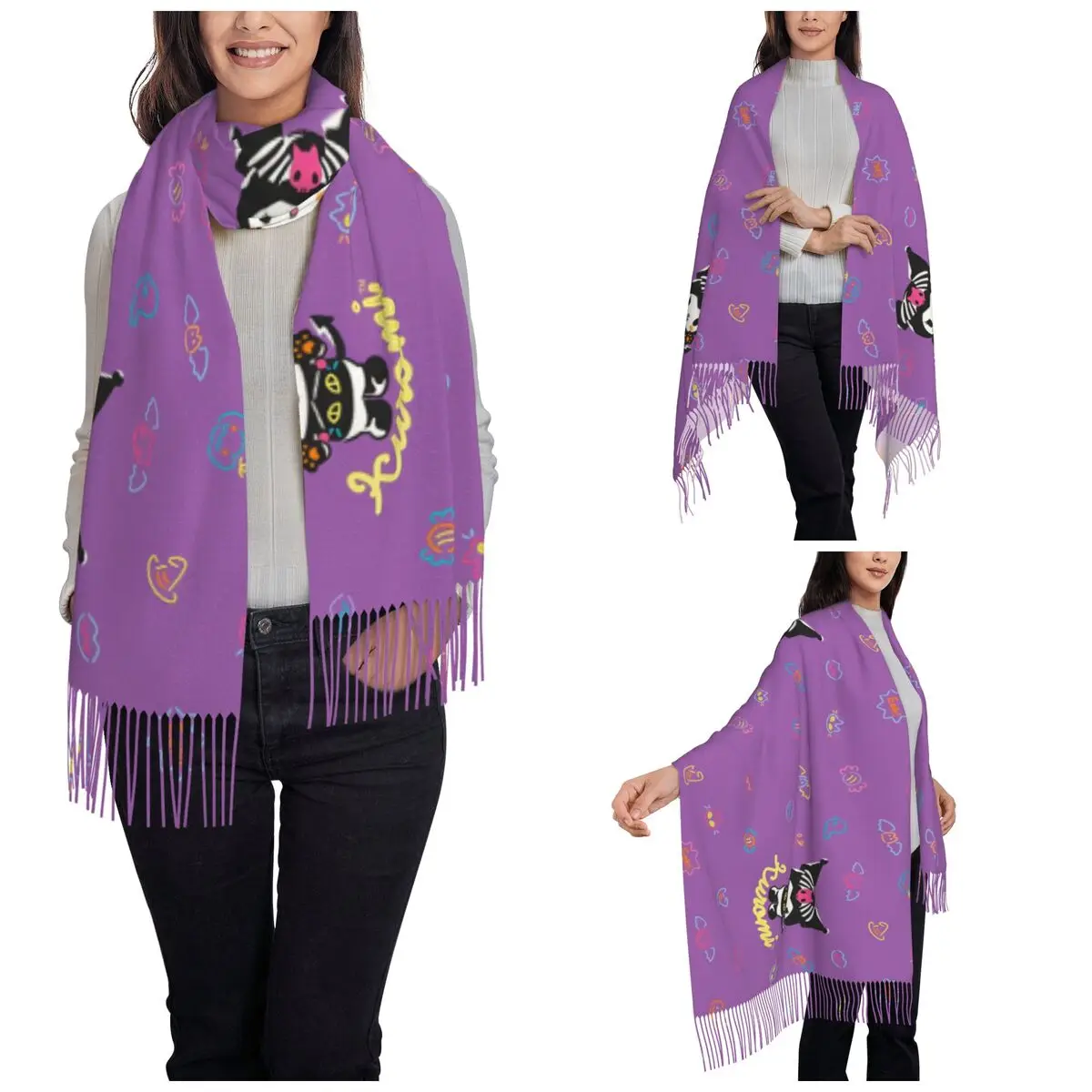 Kuromi Halloween Scarf Women Fall Winter Pashmina Shawls and Wrap Trick or Treat Cartoon Large Scarves with Tassel Lightweight