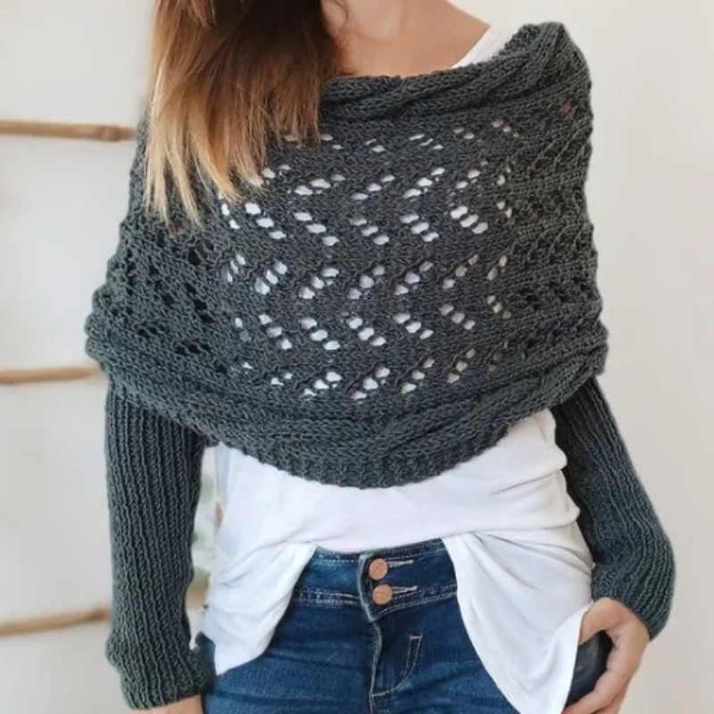 

Ажурная шаль часто парная с вязаным свитером и шарфом для женщин осенью и зимой.