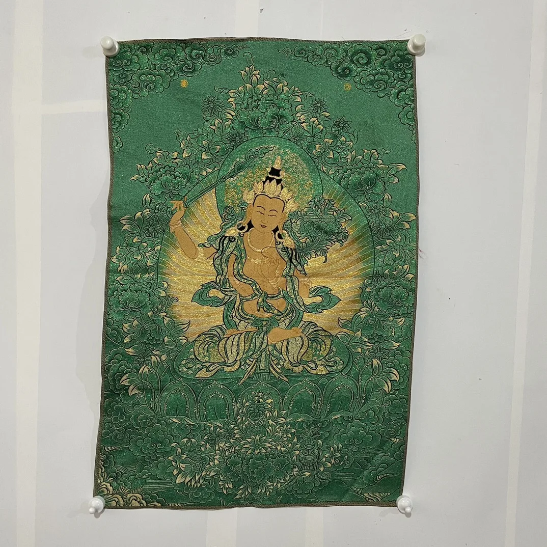 

35"Thangka Embroidery Tibetan Buddhism Silk Embroidery Green Backlight Manjushri Bodhisattva Buddha Thangka Wall hanging