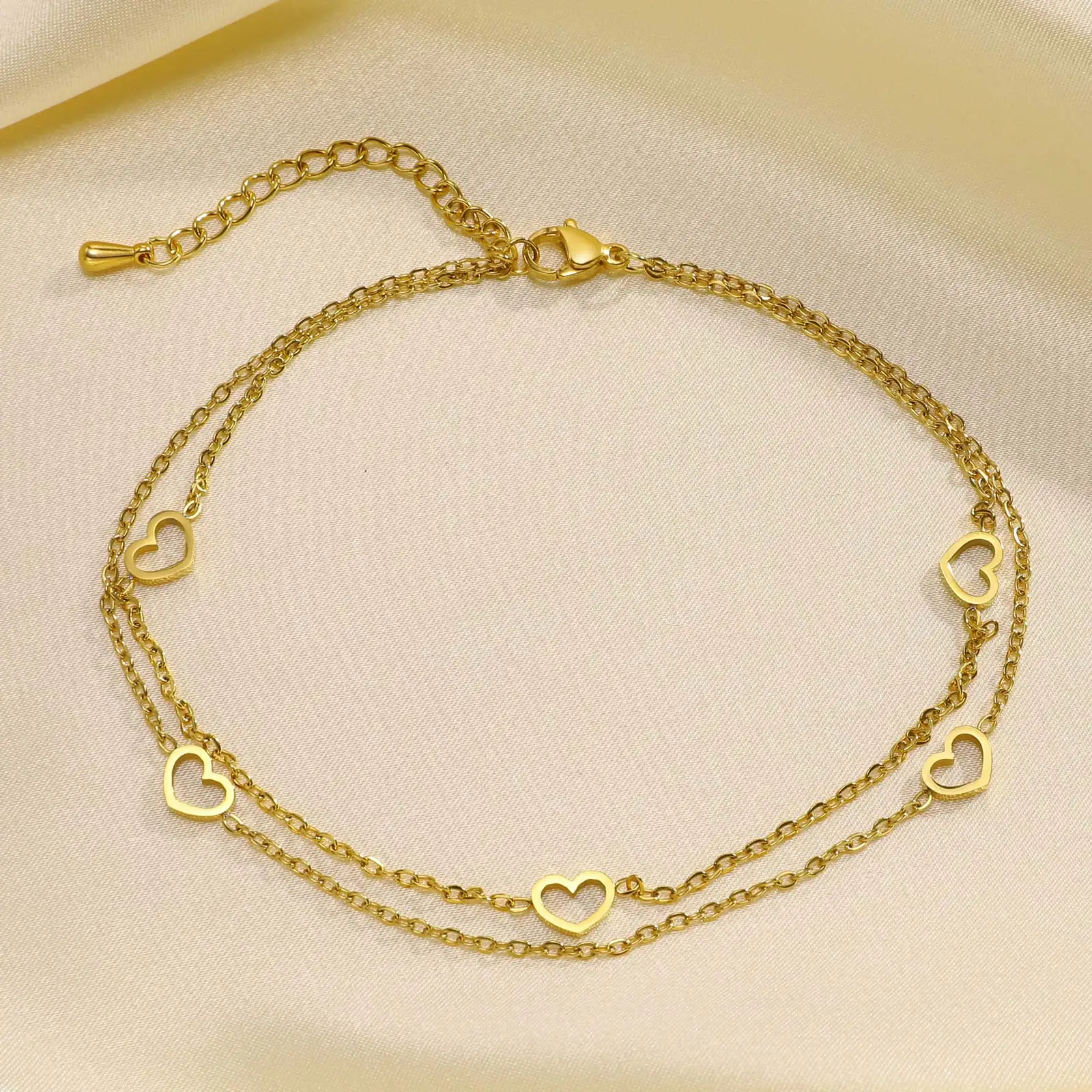 Women\'s Dainty Anklets Jewelry for Daily Beach Holiday, Gold Color Stainless Steel Hollow Heart Shape Double Chains Charm Anklet