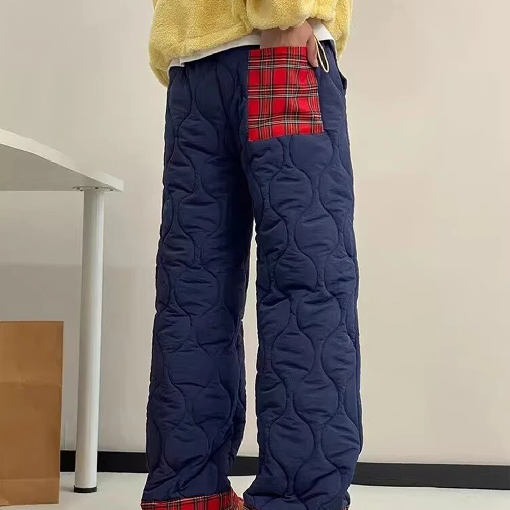 หลวมขนแกะเรียงรายกางเกงผ้าฝ้ายฤดูหนาวสําหรับผู้หญิงเอวสูงหนาขนแกะอบอุ่นหลวมกางเกงขาตรงสําหรับฤดูหนาวฤดูใบไม้ร่วง