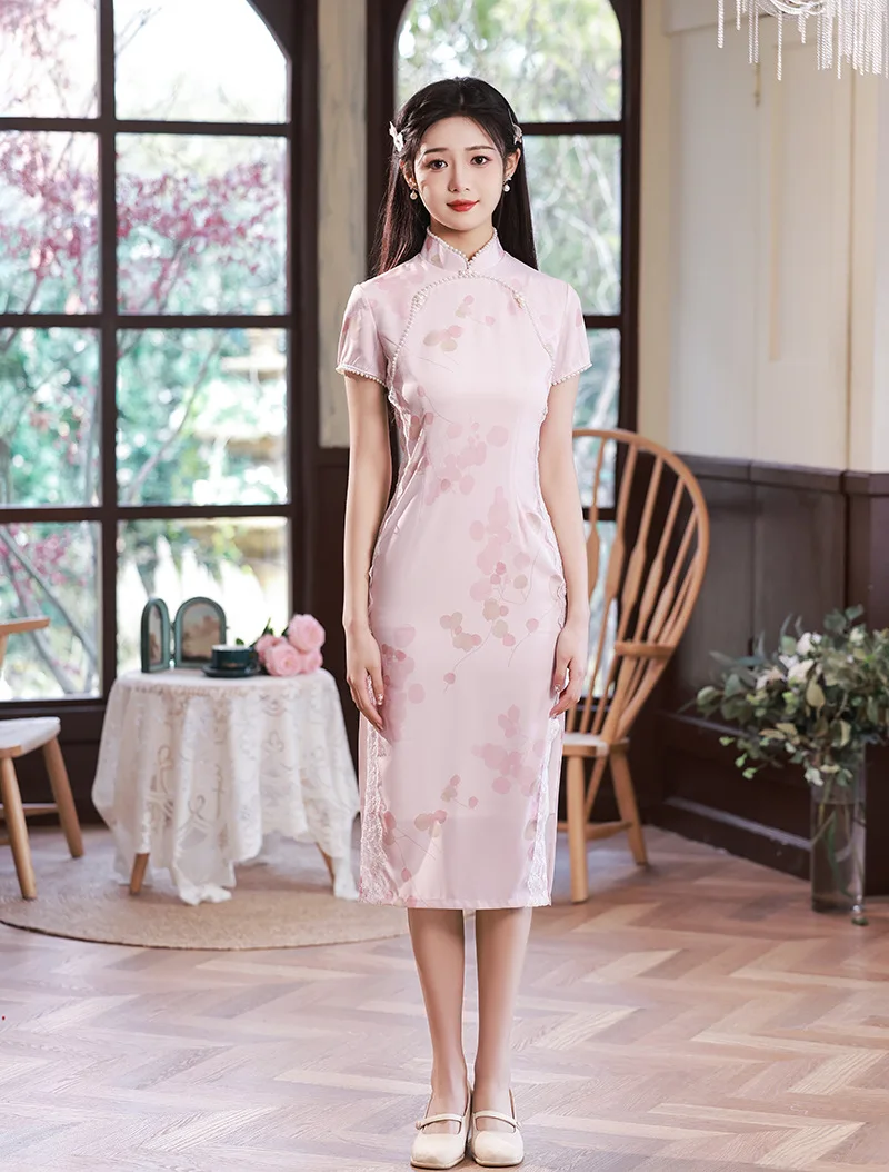

Китайский стиль розовый принт воротник Мандарин Бисероплетение Кружева Qipao Женская винтажная классическая высота