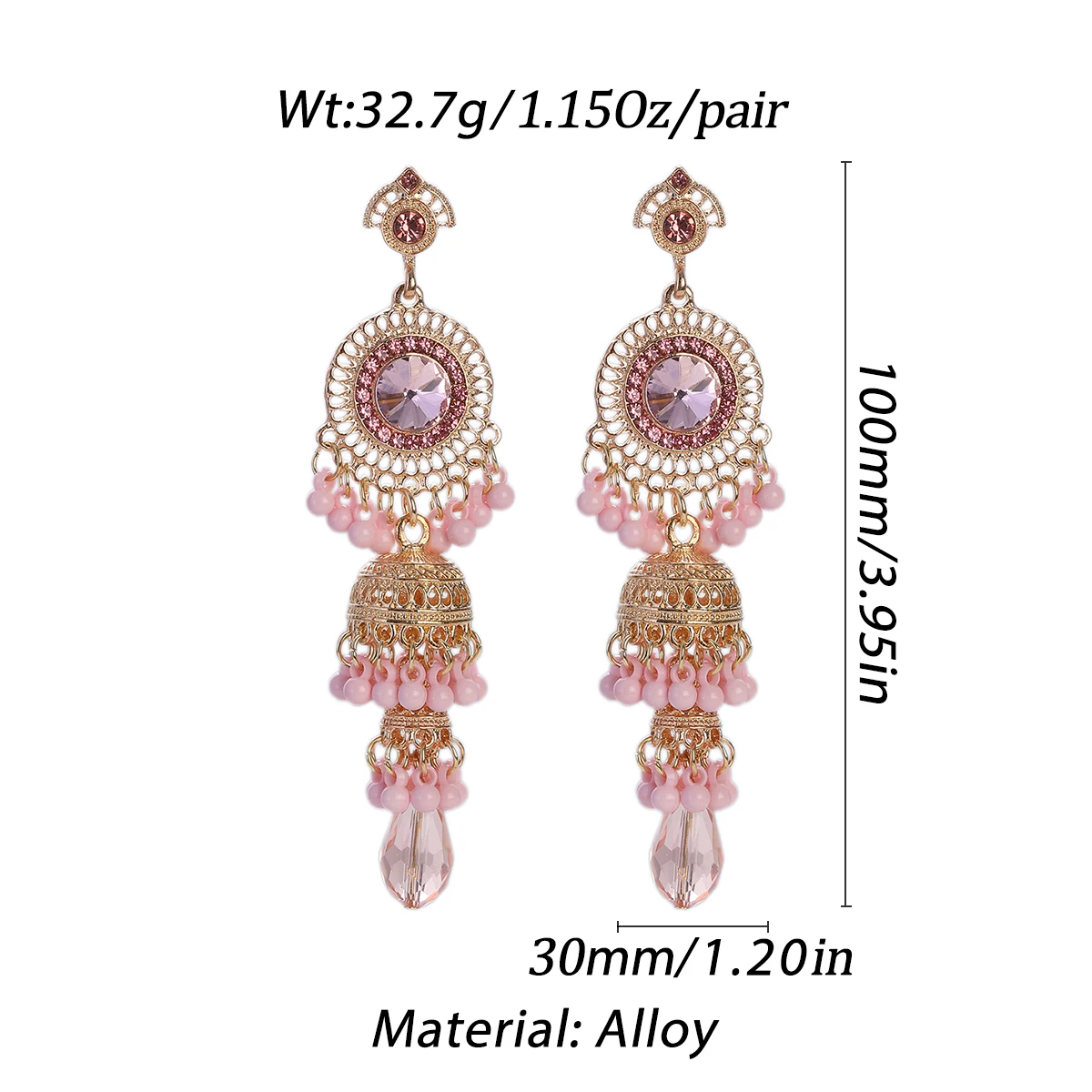 Vintage New Pink Crystal Round Drop Earrings for Women Luxury Gold Plated Multilayer Bell Tassel Earrings Jewelry Brincos 2024