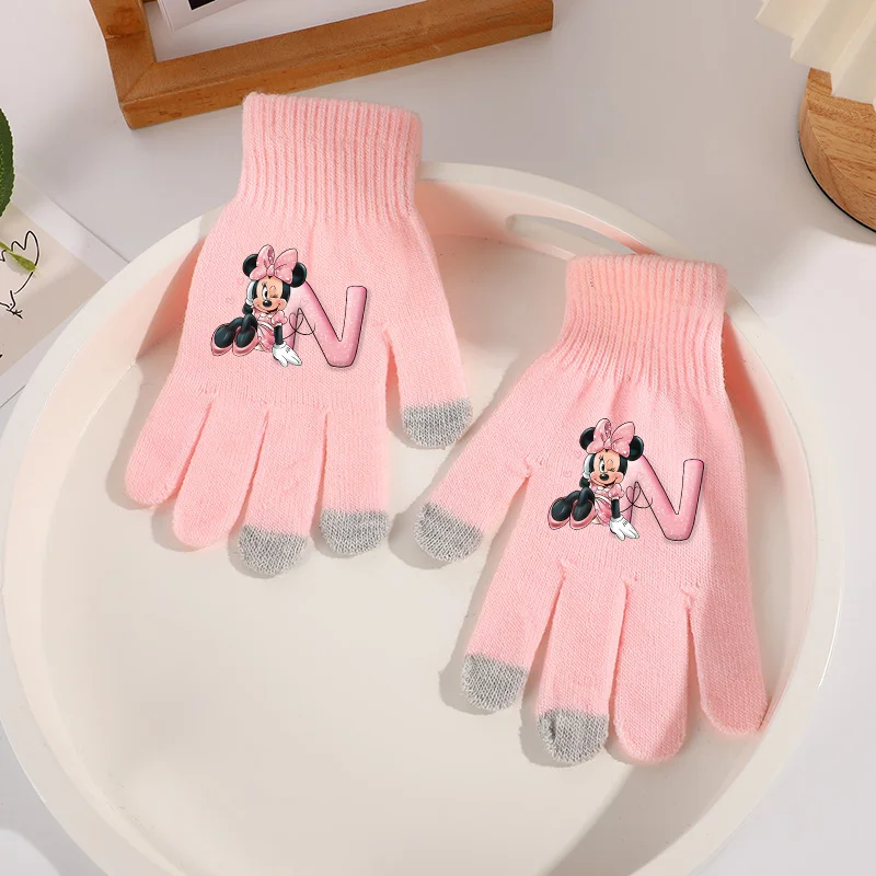 Minnie Knitted Gloves Disney Full Finger Outdoor Cycling Glove A-Z Letters Screen Warmth Solid Color Thick Touch Screen Mittens