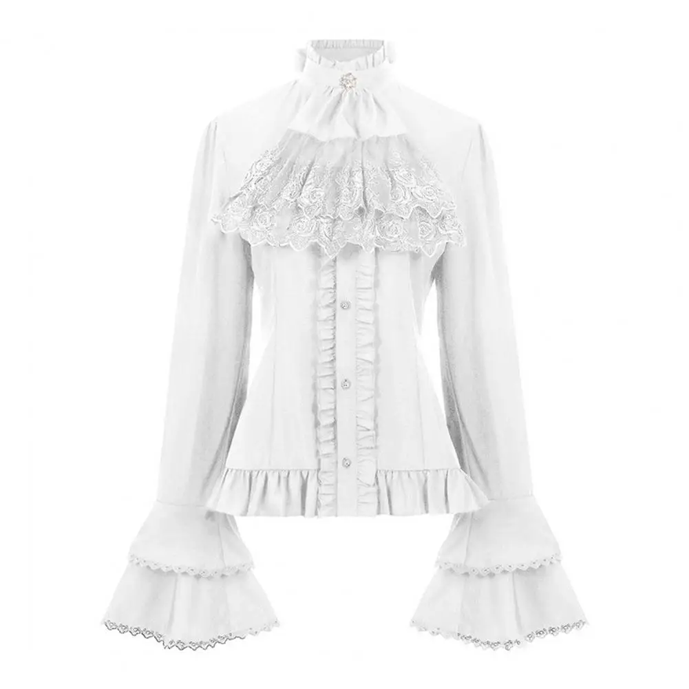 Retro Women Shirt Top Steampunk Style Turtleneck Bow Lace Pure Color Long Bell Sleeves Shirring Pleated Cosplay Shirt Coat