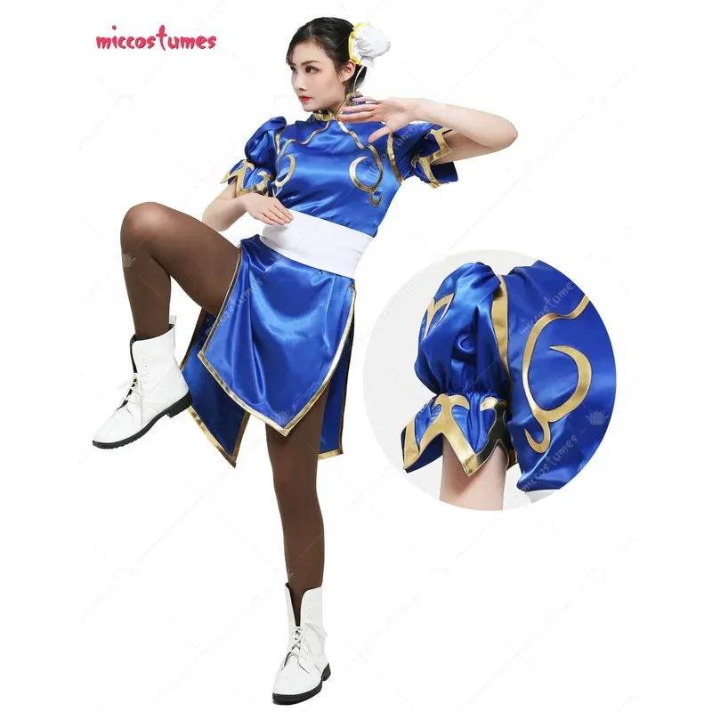 

's Game Fighter Chun Li Cosplay Costume for Adult Blue Cheongsam Halloween Party Dress Women Outfit