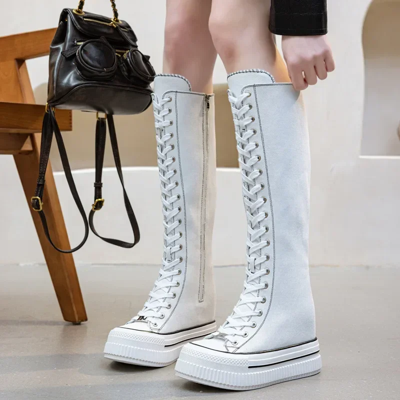 13 سنتيمتر الكعوب المرأة قماش الأحذية عادية عالية أعلى أحذية أحذية طويلة الدانتيل متابعة سستة مريحة الأحذية المسطحة أحذية رياضية بوتاس الفقرة Mujer #3