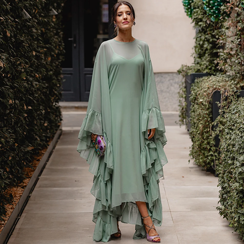 

Simple Green Chiffon Evening Dress Customized Elegant O-Neck Long Sleeves Homecoming Dresses Soft Special Occasion Gowns