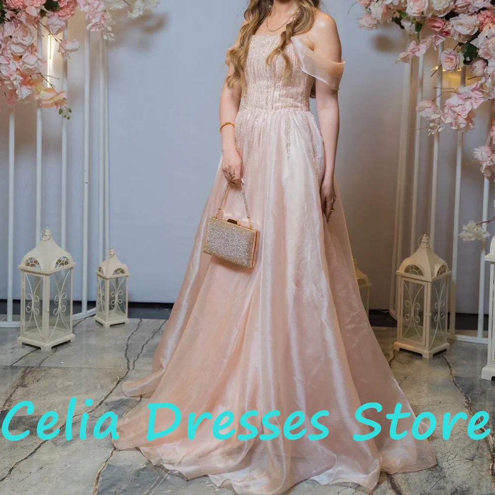 Robes de soirée élégantes personnalisées pour femmes, épaules dénudées, longueur au sol, droites, en Organza, traîne de balayage, plis, manches courtes, cristal Ex