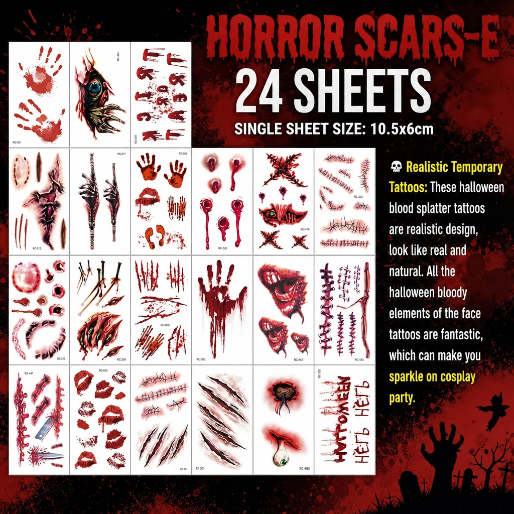 24 Sheets Halloween 3D Fake Scar Temporary Tattoos Horror Fake Horror Tattoos for Face/Body Costume Party Prank & Cosplay​