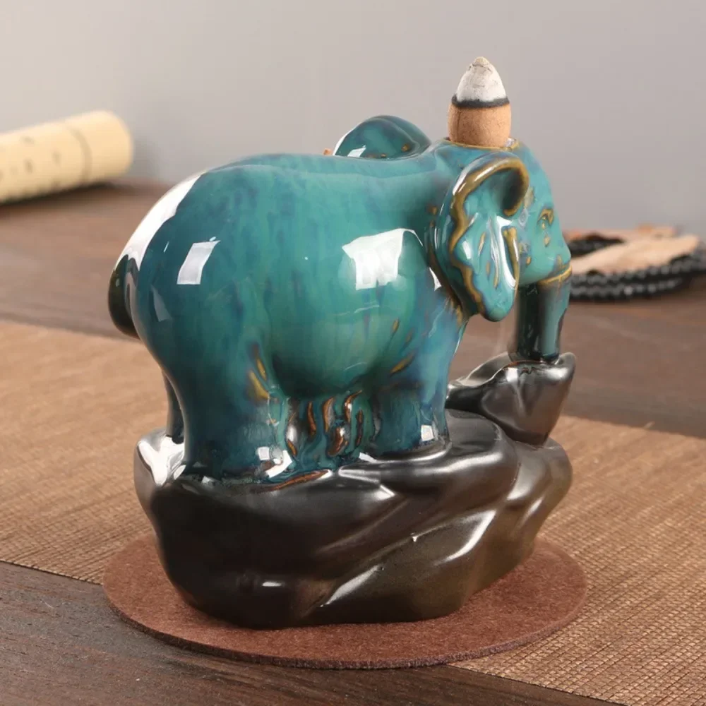 LMHBJY Elephant Blue Backflow Incense Stove Creative Desktop Decoration American Ceramic Incense Stove Waterfall Incense Seat