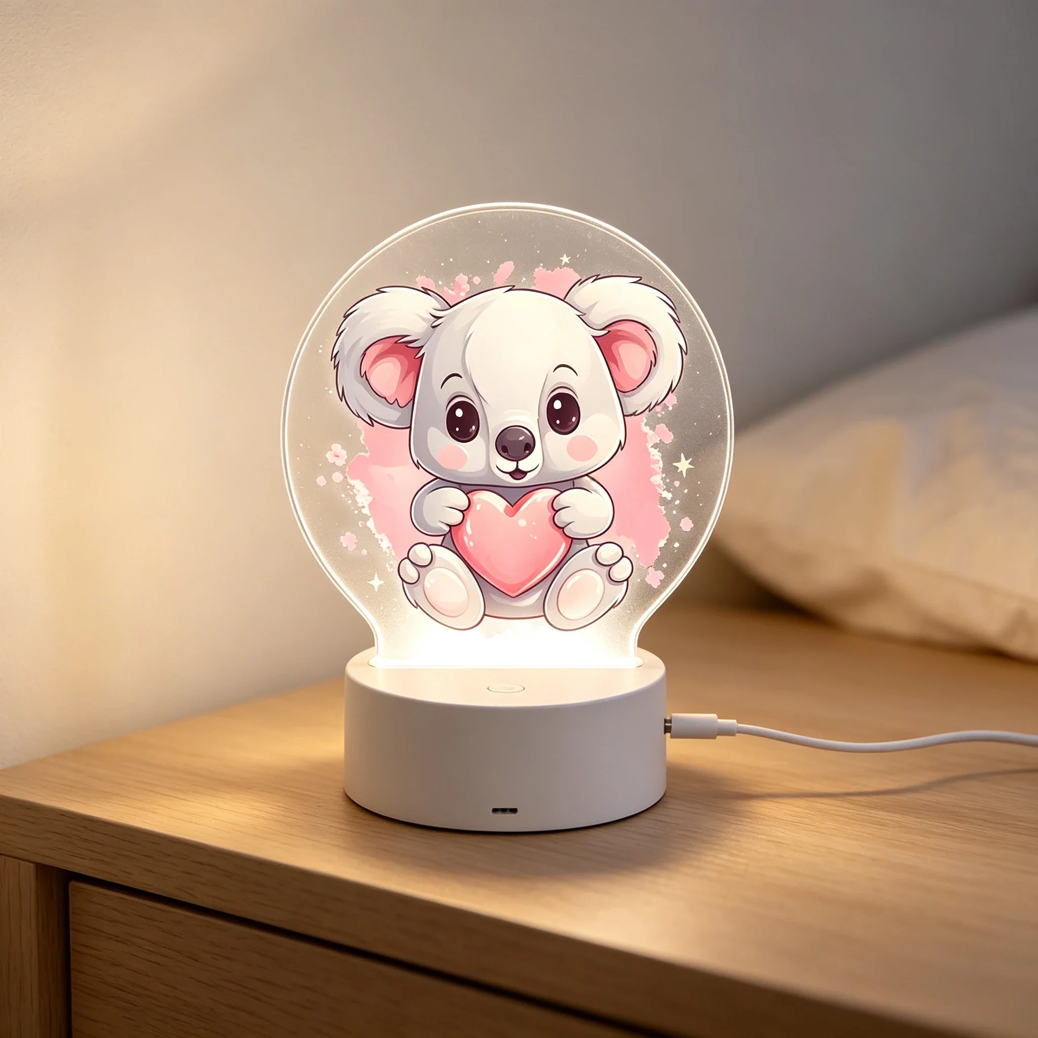 Cute Koala Holding Pink Heart Acrylic 3D Night Light Bedroom Decor Lamp