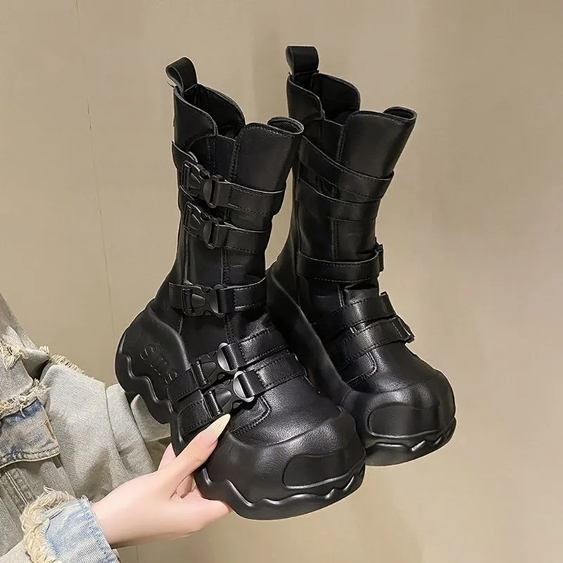 

Роскошные женские ботильоны в стиле панк с большой головой в готическом стиле, толстая подошва, готические ботильоны с круглой головкой для девочек, увеличивающие рост