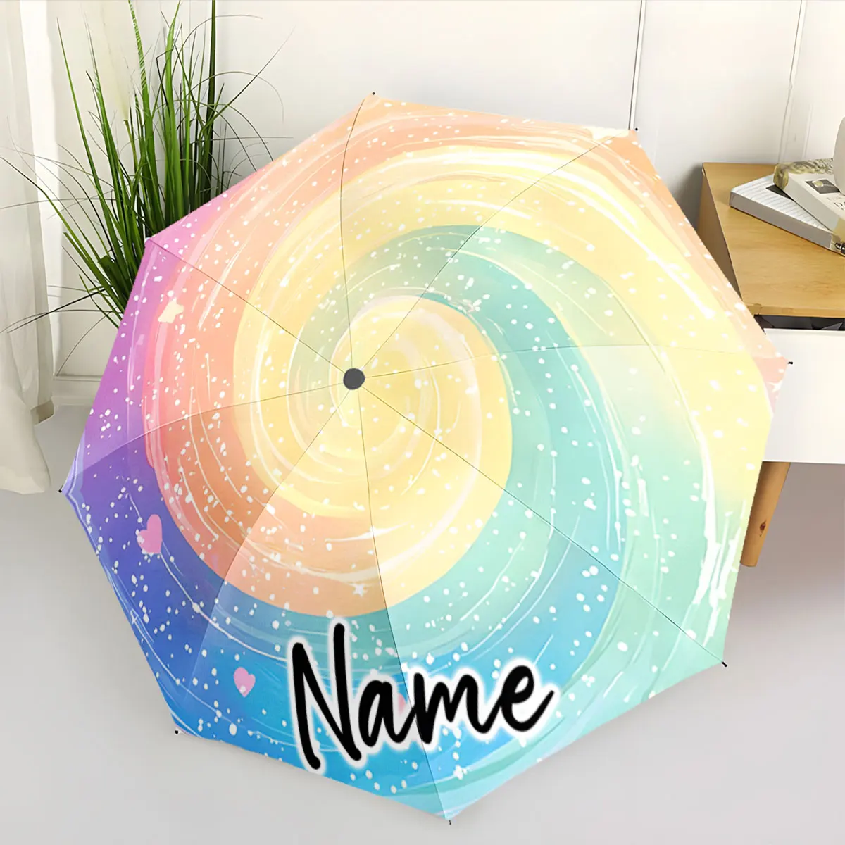 Custom Name Umbrella Colorful Galaxy Umbrella Design with Hearts Print 8 Iron Ribs Folding Umbrella Auto-Open Fashion Sunshade