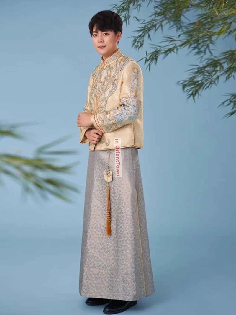 العريس الشمبانيا اللون Xiuhe الملابس تظهر الرجال الذهب زي الصينية العريس الزفاف التطريز معطف + تانغ نمط ثوب رداء #4