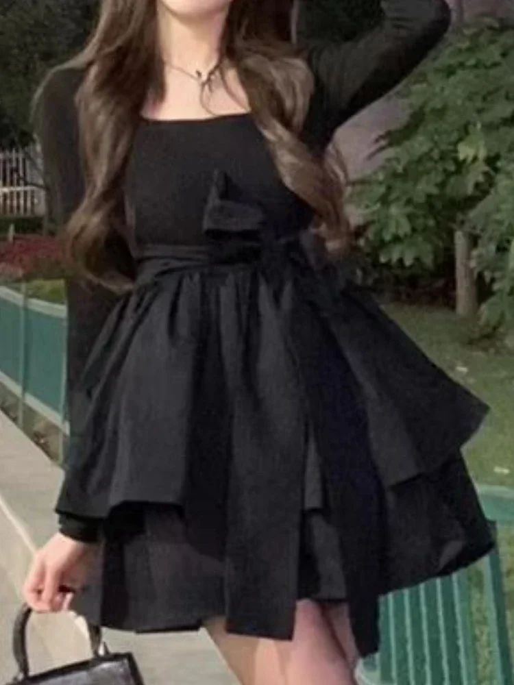 Mini vestidos femininos design em camadas hotsweet estilo coreano streetwear moda gola quadrada primavera elegante temperamento a linha ins feminino
