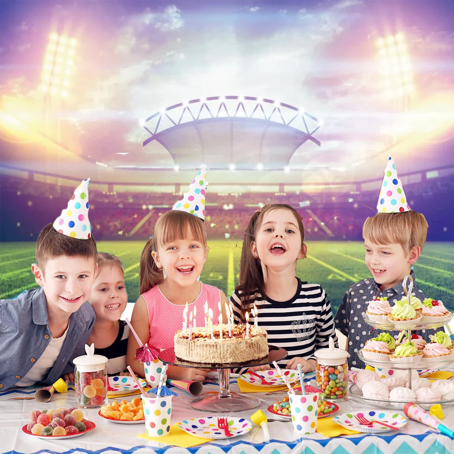 Soccer Football Shiny Spotlight Stadium Backdrop Goal Champion Ship Birthday Party Poster Photo Background Photography Banner