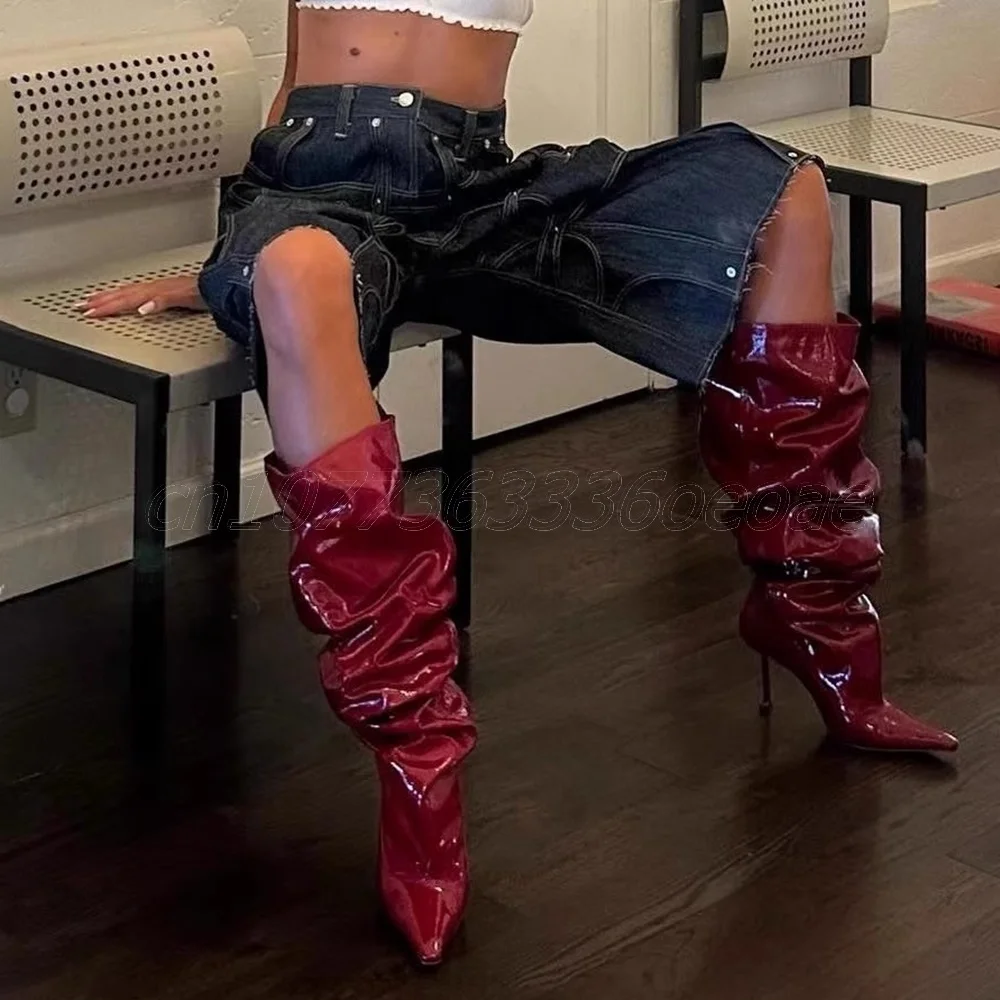 

Wine Red Pleated Trouser Boots Knee High Thin High Heels for Women Patent Leathers Cool Biker Shoes 2025 Zapatos Para Mujere