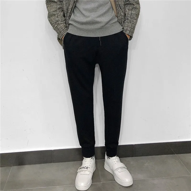 

High-End Men's Wool Silk Blend Slim Fit Trousers Elastic Bla Fce Cuffed Sweatpants Faionable Urban Sle Autumn Winter