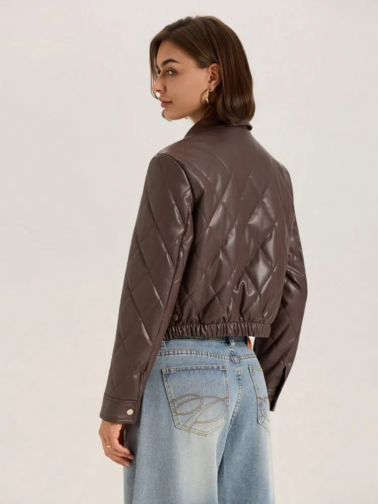 Women's Fashion Faux Leather Padded Jacket Coat with Long Sleeves, Thick and Warm Winter Outerwear, Chic Tops