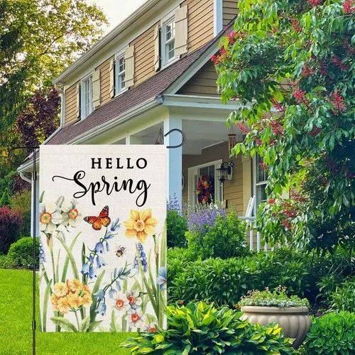 Hello Spring Garden Flag 12x18 Inch Double Sided Daffodils Floral Small Burlap PPZ