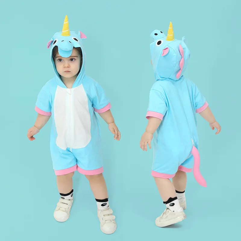 

0-24 Months Baby Clothes Boys Girls Romper Lovely Unicorn Jumpsuits Summer Cotton Zipper Onesie Animal Funny Hooded Playsuit