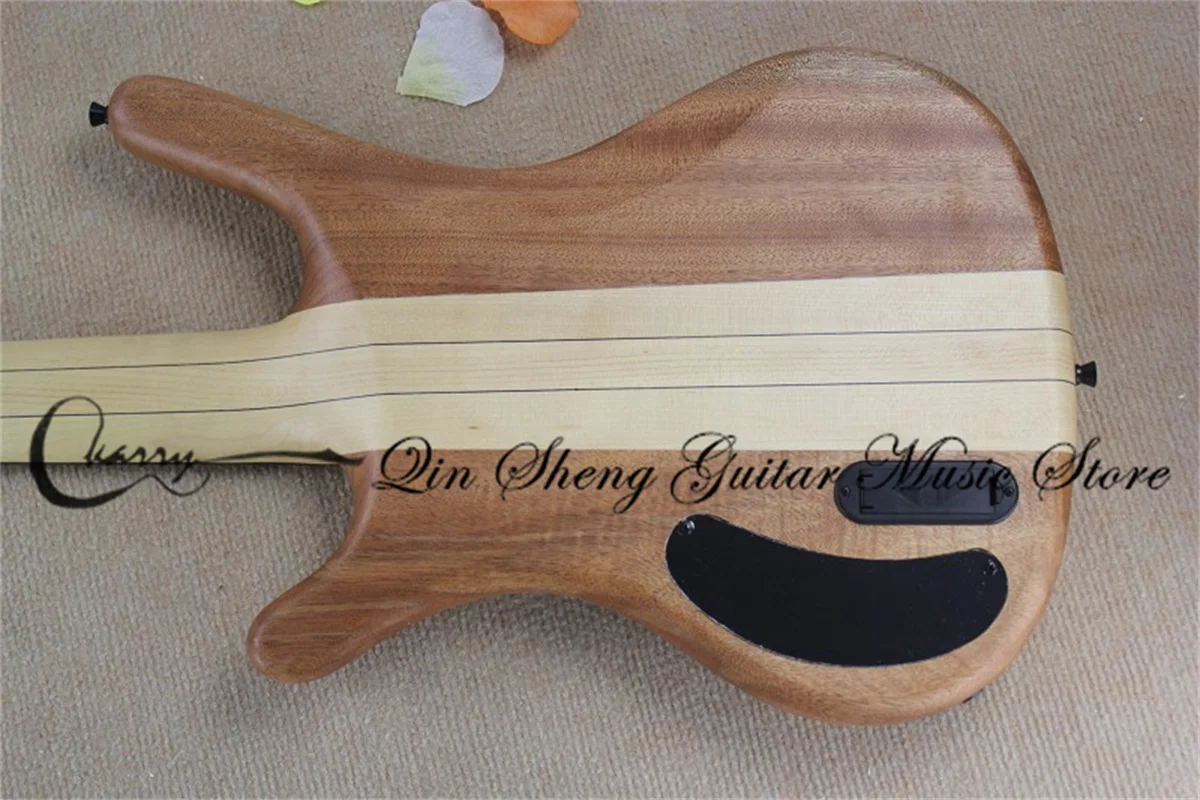 5 strings bass guitar,W matte natural bass ,maple neck through mahogany body,rosewood veneer,black bridge,active battery