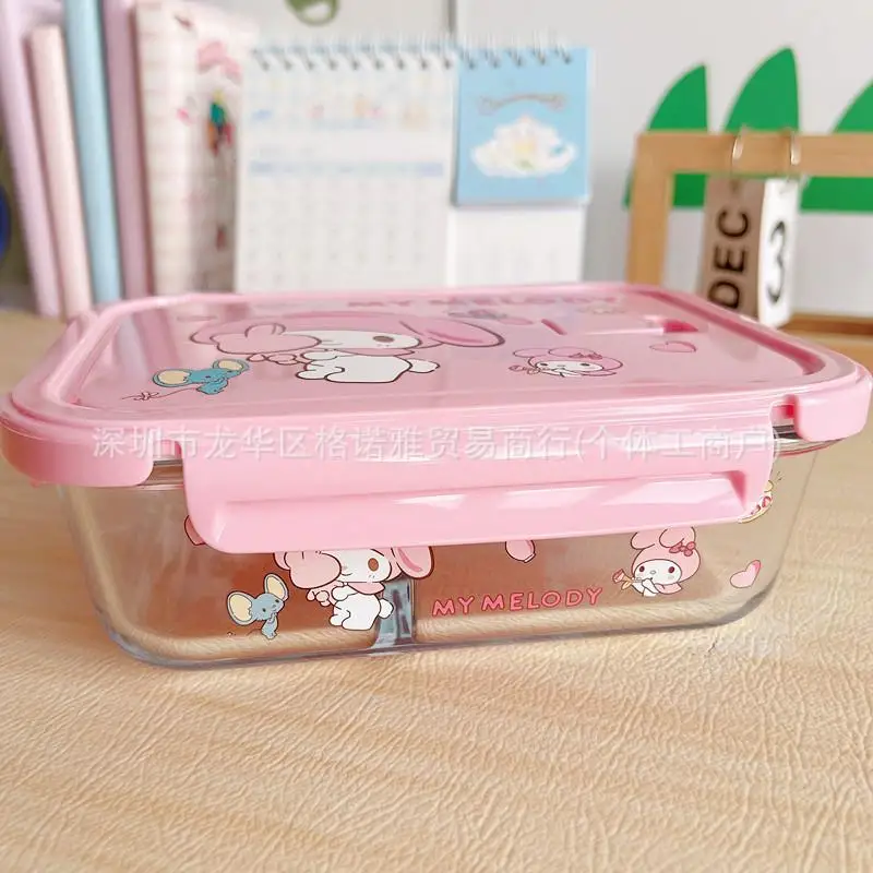 Sanrios Glass Lunch Box Hellokitty Kuromi Mymelody Microwave Heating Sealed Fresh-Keeping Student Office Worker Bento Lunch Boxs