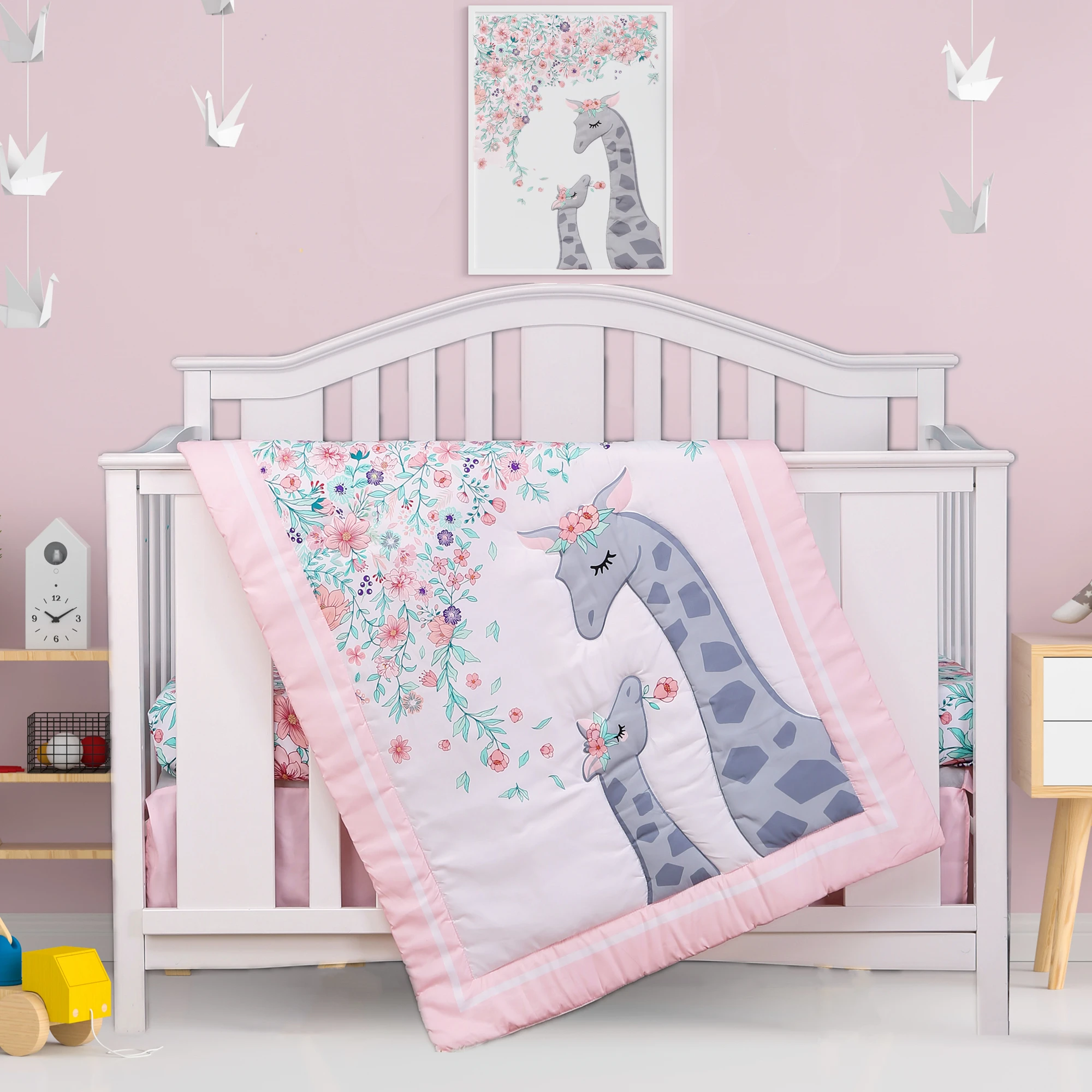 3Pcs Crib Bedding Set Cartoon Giraffe Baby Nursery Set Crib Sheet Baby Comforter (Baby Comforter Fitted Sheet Crib Skirt)