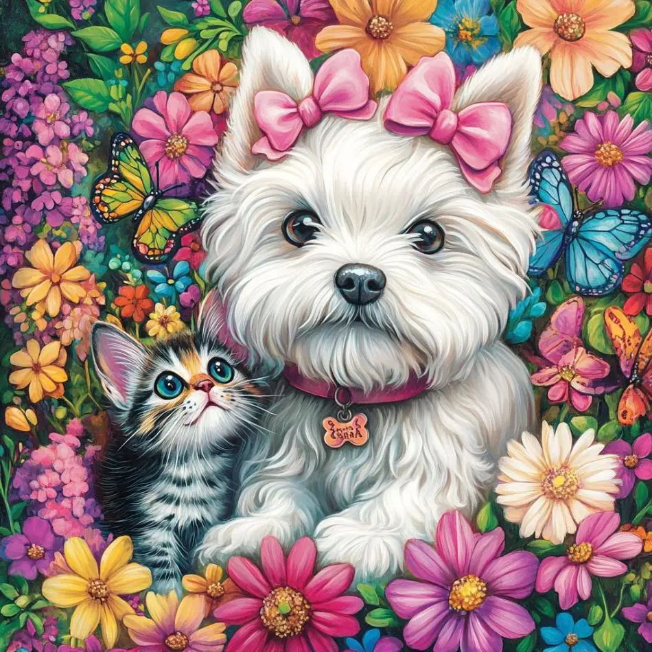 RUOPOTY Flower Dog 5D-Diamant-Malerei-Sets für Erwachsene, zum Erstellen von Wandkunst, Strass-Kunsthandwerk, Tier-Vollrund-Bastelbedarf