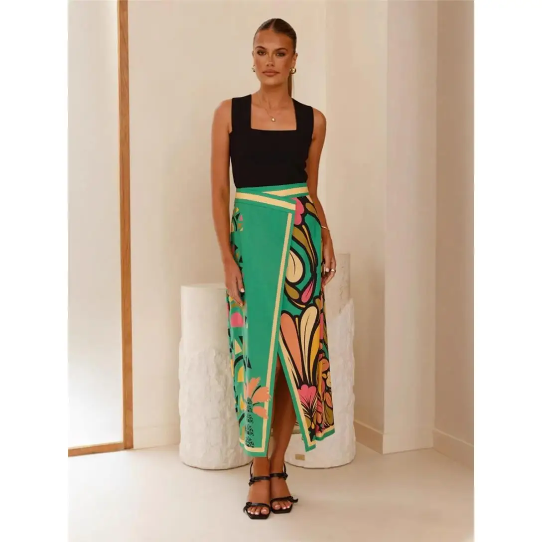 Summer New Women's Clothing Cross-Border Printed Wrap around Sexy Split Slimming Ladies Half Skirt City Walk PVC Fabric A-Lin...