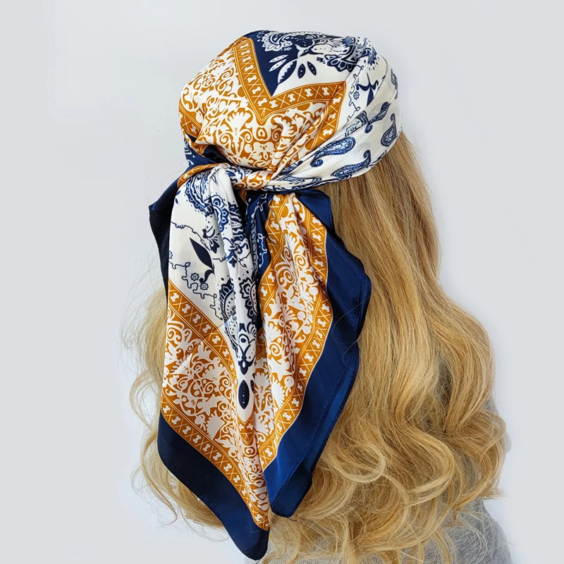 Fashion Square Silk Scarf Women Headband 90*90cm Print Neck Scarfs Office Hair Band Hand Kerchief Female Bandana Headwear