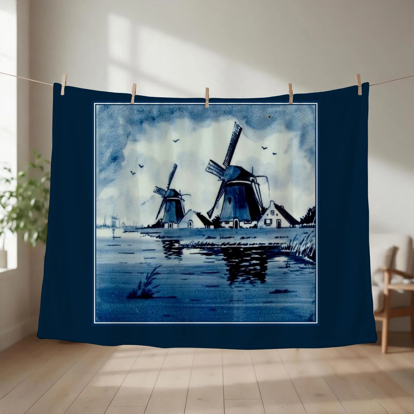 DUTCH BLUE DELFT : Vintage Windmills Print Throw Blanket couch cozy soft plush fuzzy picnic outdoor blanket