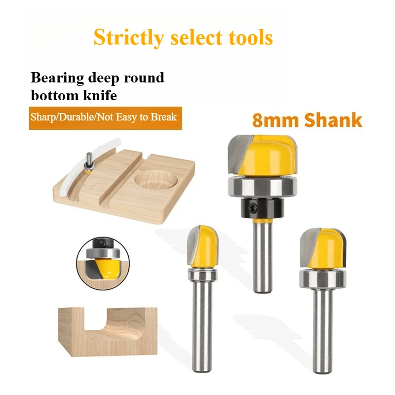 8mm Shank Bearing Double Arc Round Bottom Router Bit Profile Grooving Lock Hole CNC Wood Engraving Accessories