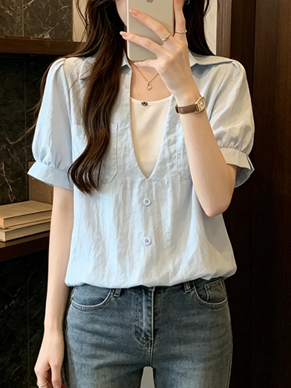 

Loose Fit Summer Shirt for plus Size Women Short Sleeve Turn-down Collar Asymmetrical Design Comfortable Breathable Korean Style