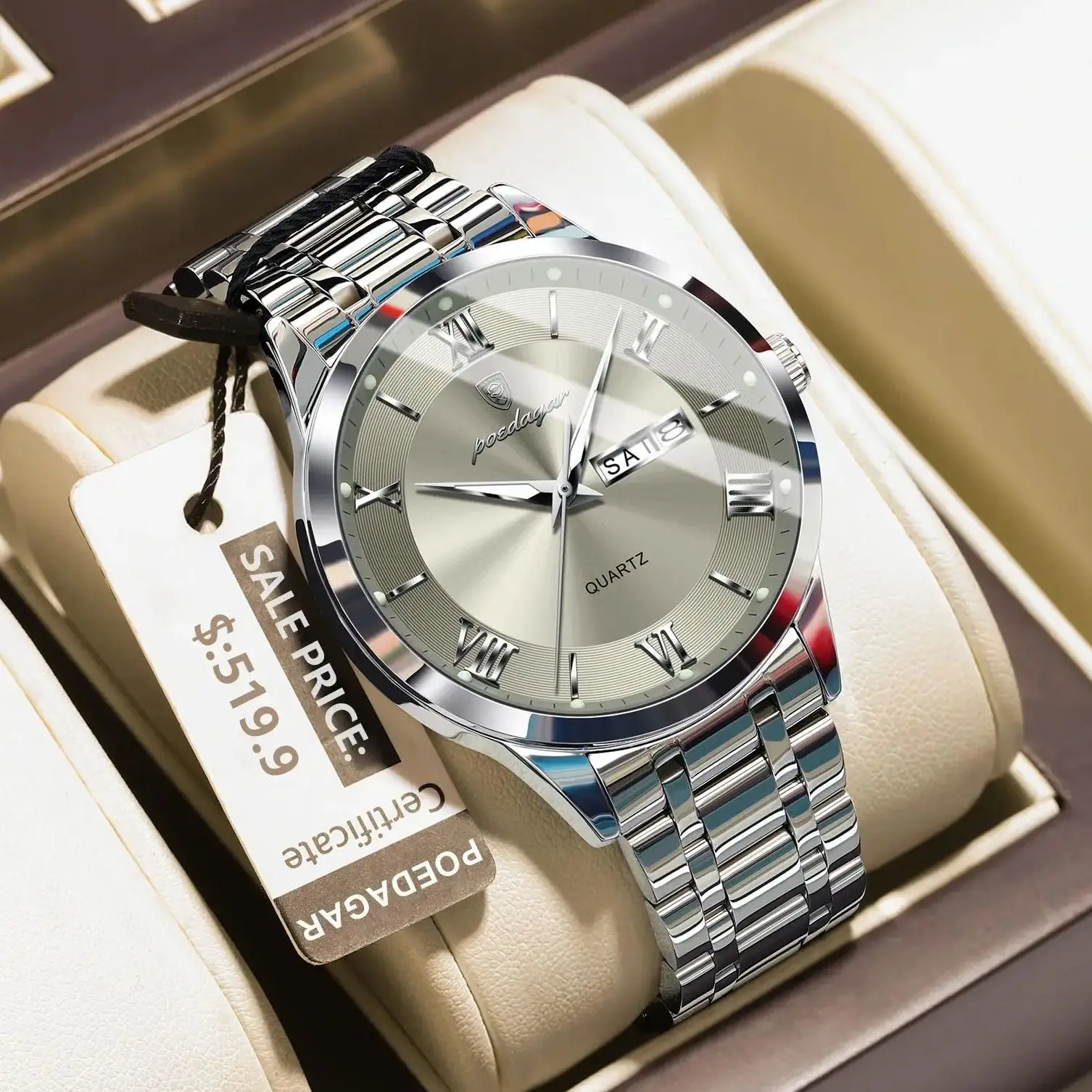 POEDAGAR Business Fashion Man Watch Waterproof Luminous Date Week Male Wristwatch Stainless Steel Quartz Men Watches Reloj +Box