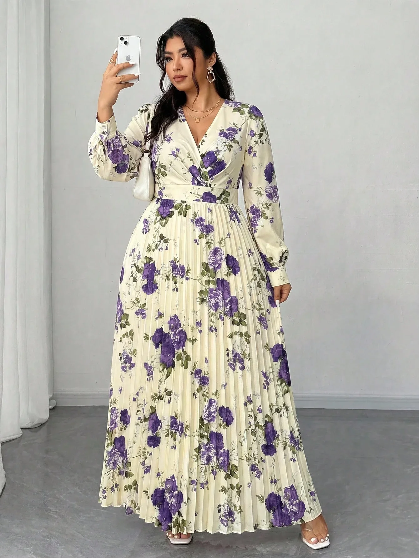 

Elegant Floral Long Sleeve V-Neck Pleated Maxi Dress For Women Spring Summer