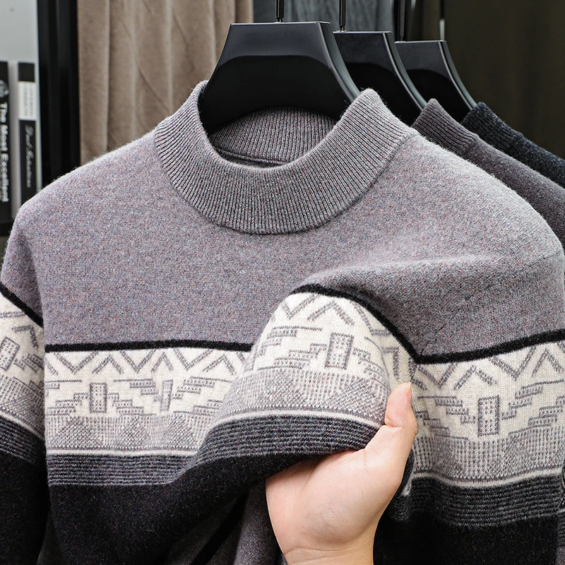 Wool100% Men High Quality Autumn Winter Sweater Round Neck Jacquard 12needle Craftsmanship Long Sleeves Sweater Exquisite Tops