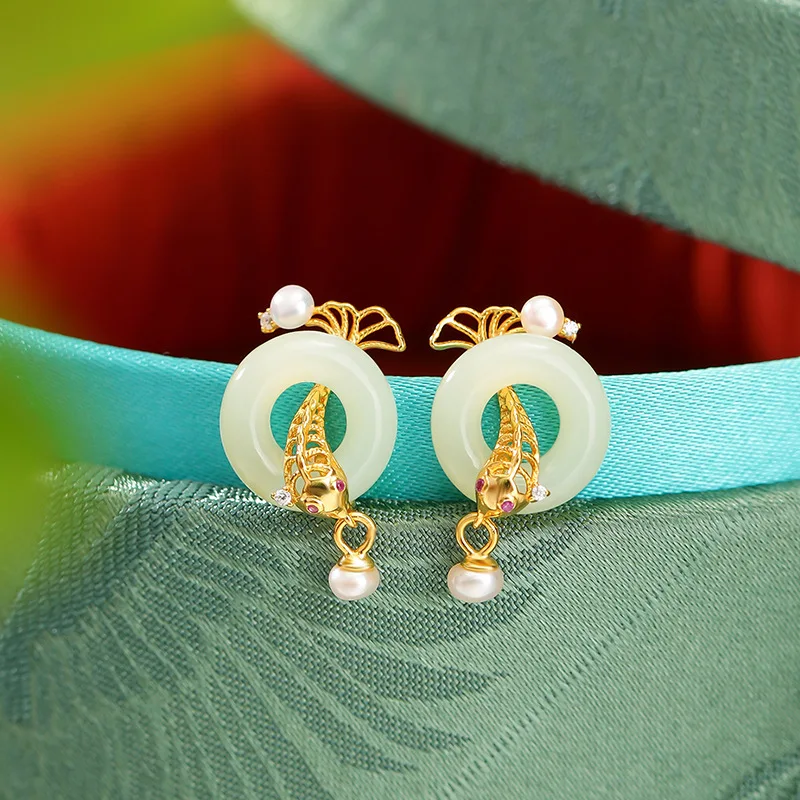 S925 Sterling Silver Gold-Plated Hetian Jade Pearl Carp Safety , Style Koi Fish Earrings
