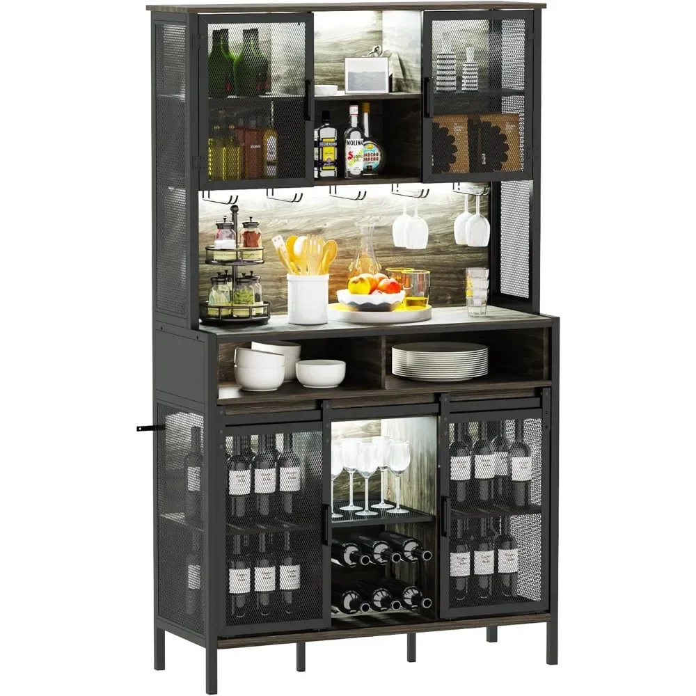 72" Wine Bar Cabinet with Sliding Barn Door, Farmhouse Buffet Cabinets with Wine Rack & Glass Holder, Led Storage Cabinet