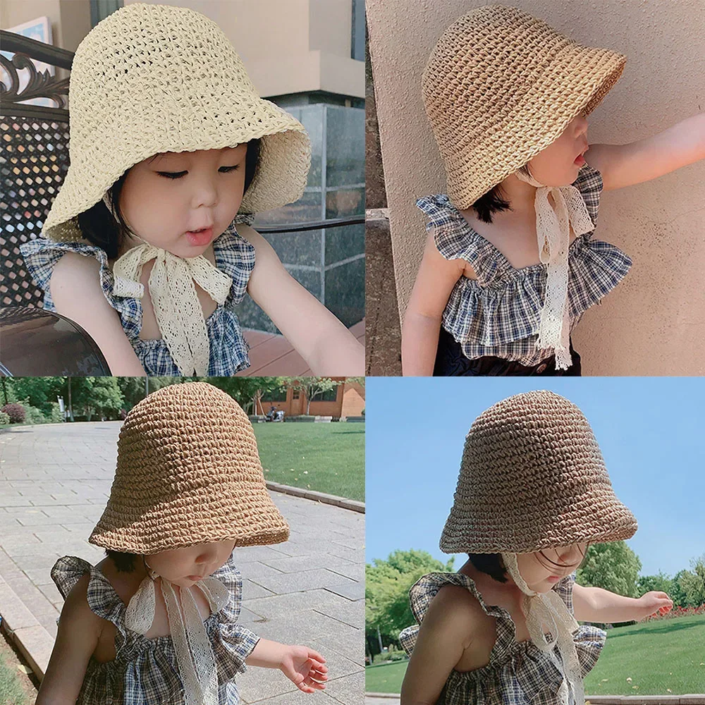 Fashion Children Bucket Hat Lace Bow Baby Hat Summer Panama Straw Baby Girl Cap Beach Sun Cap Princess Baby Hat Cap