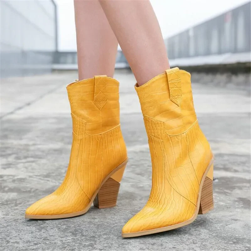 White Beige Black Yellow Faux Leather Cowboy Ankle Boots For Women Wedge High Heel Boots Snake Print Western Cowgirl Boots 2023