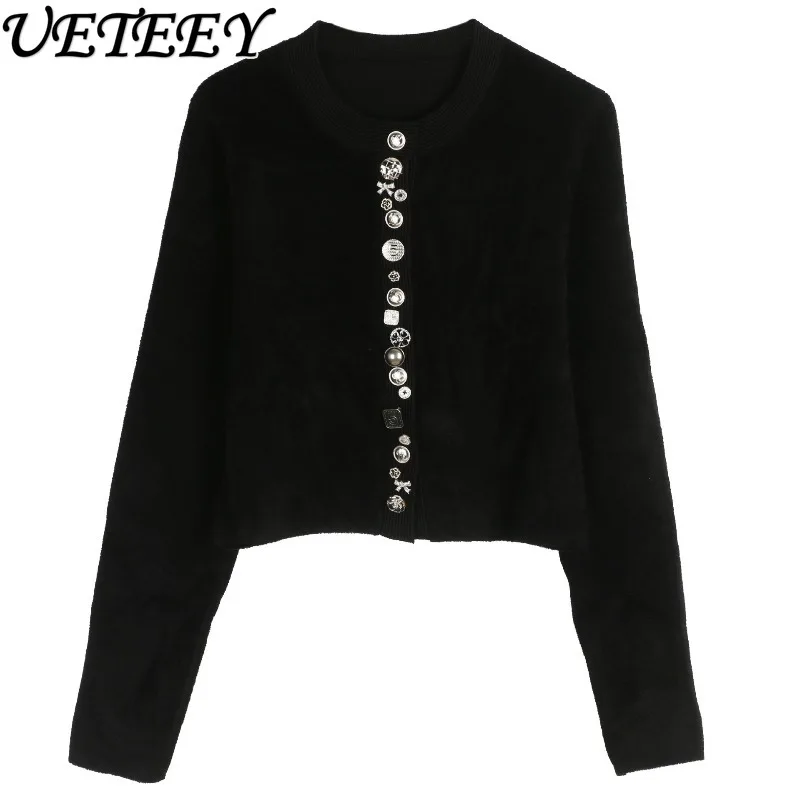 

Осень-зима, новый элегантный светский короткий вязаный топ с v-образным вырезом, однобортный французский черный универсальный кардиган с круглым вырезом, пальто