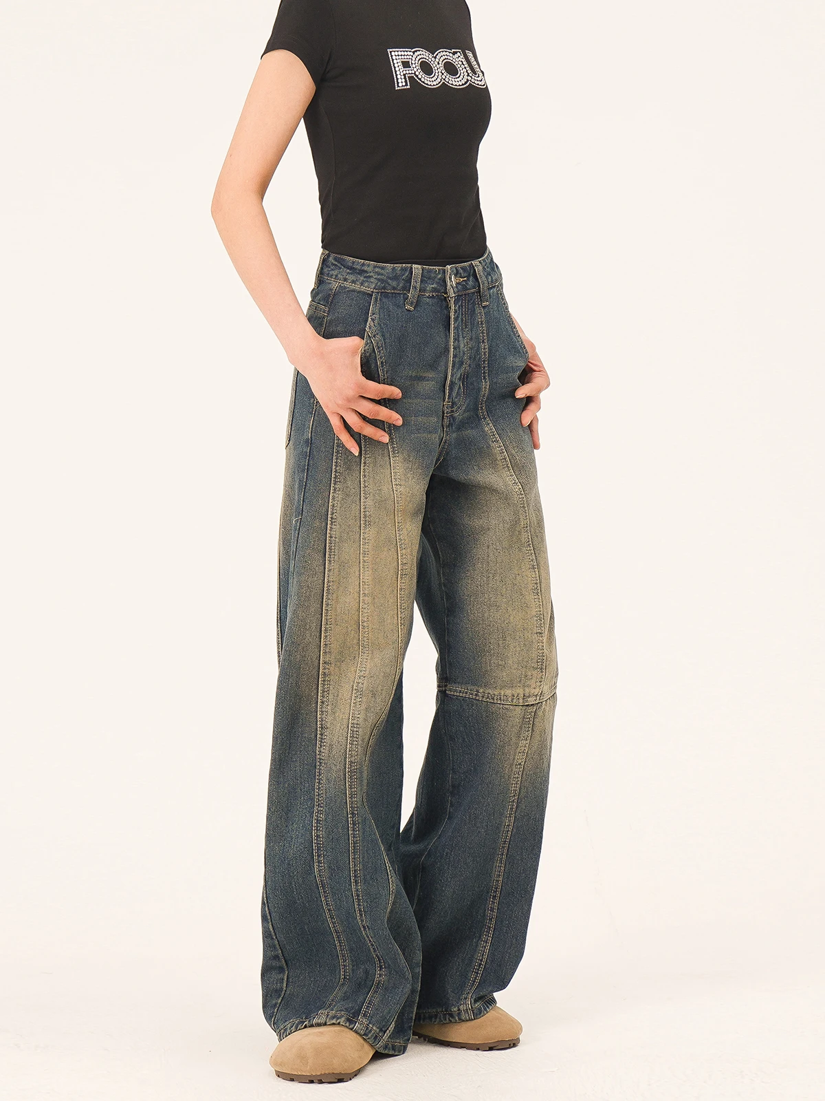 

Джинсы в стиле американского винтажа с дизайном в стиле хай-стрит, с элементами кэжуал, унисекс, плотные, свободные, прямые, длинные брюки